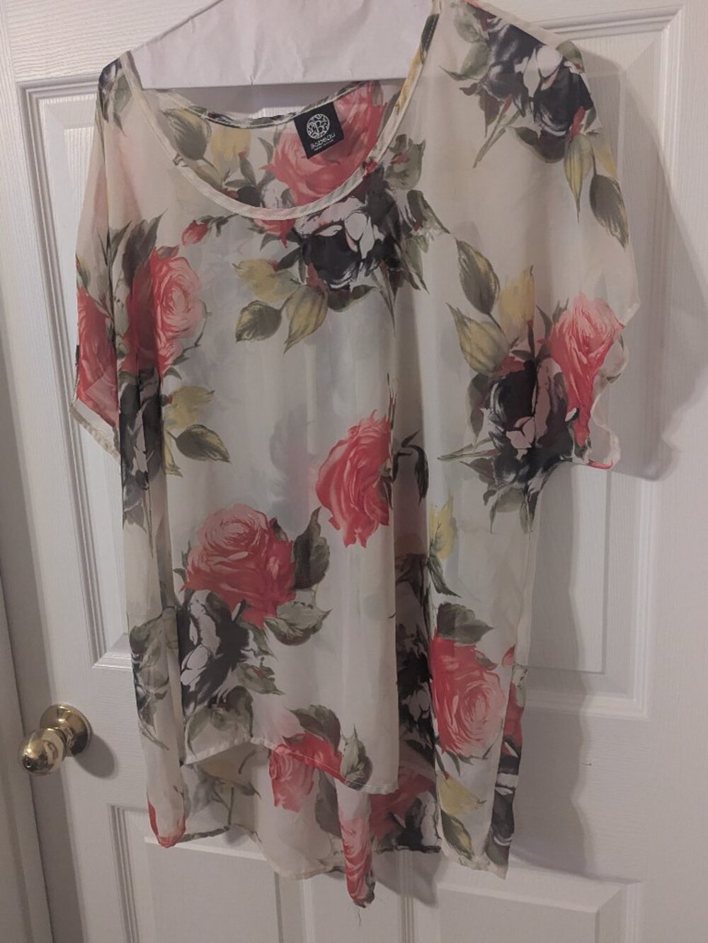 Women's sheer top, white with pink roses, $7.